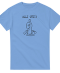 Typografisk text "ALLT GÖTT!" med tumme upp-hand i vatten på ljusblå t-shirt, minimalistisk design.