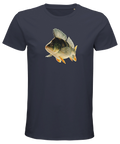 Detaljerad abborre i naturliga färger på mörkblå ekologisk figursydd herr t-shirt.