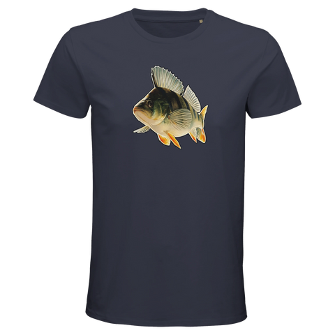 Detaljerad abborre i naturliga färger på mörkblå ekologisk figursydd herr t-shirt.