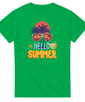 Färgglad illustration av tropisk semester och palmer på en grön t-shirt