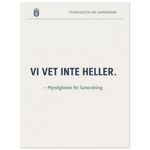 Närbild på en humoristisk poster som efterliknar ett officiellt dokument med ett myndighetsemblem och rak typografi.