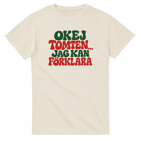 T-shirt med texten Okej tomten, jag kan förklara i rött och grönt