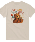 Humoristiskt motiv med björn och texten Är festen redan slut – retro t-shirt