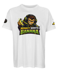 Tecknad apa i headset med banan, text "MONKEY WANTS BANANA" på vit oversized ekologisk t-shirt.