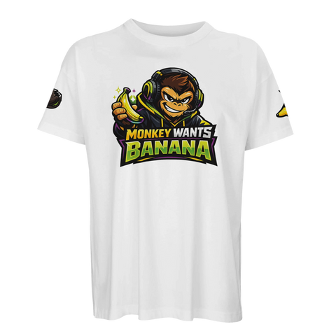 Tecknad apa i headset med banan, text "MONKEY WANTS BANANA" på vit oversized ekologisk t-shirt.