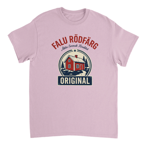 Svensk sommarkänsla med nostalgiskt Falu Rödfärg-tryck på rosa t-shirt