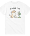 Minimalistisk teckning av katt i sommarvärme – vit t-shirt med tryck