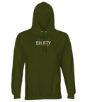 THE ORIGINAL SHIRTY Design" texttryck i vitt och orange på olivgrön hoodie med dragsko och magficka.