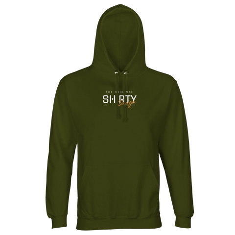 THE ORIGINAL SHIRTY Design" texttryck i vitt och orange på olivgrön hoodie med dragsko och magficka.