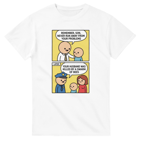 Mörk humor t-shirt med tvåpanels meme comic om bin