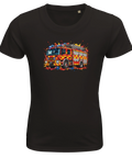 Svart barn-t-shirt med en brandbil och färgstänk