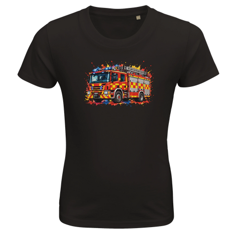 Svart barn-t-shirt med en brandbil och färgstänk