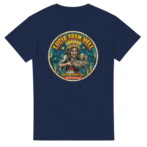 Mörk humoristisk Lucia illustration med texten Winter Terror Toys – marinblå t-shirt