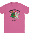 Rosa t-shirt med en julgran och snögubbe som skålar och texten ”Barra en sista, sen går vi”.