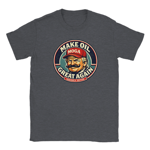 Gråmelerad t-shirt med spetsig illustration inspirerad av klassisk propaganda