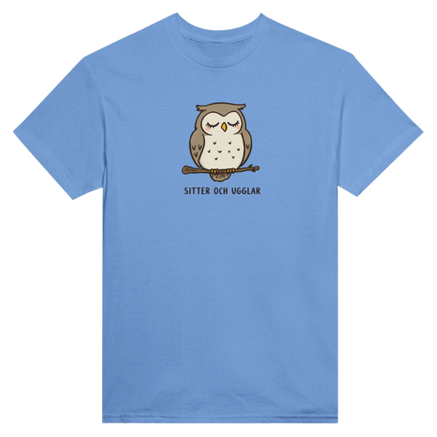 Tecknad uggla med slutna ögon på gren, text "SITTER OCH UGGLAR", på ljusblå t-shirt.