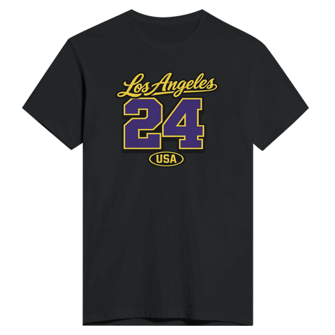 Los Angeles 24 USA texttryck i gult och lila på en svart t-shirt, sportig college-stil.