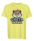 Tecknad arg brun gerbil med gloria och texten "GRETA GERBIL" på gul ekologisk oversized t-shirt.