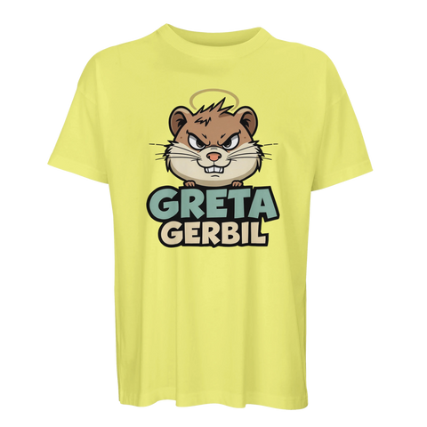 Tecknad arg brun gerbil med gloria och texten "GRETA GERBIL" på gul ekologisk oversized t-shirt.