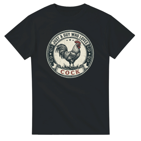 Retro badge-design med en stolt tupp och kaxig ordvits – rolig t-shirt
