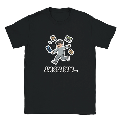 Svart t-shirt med grafiskt humortryck föreställande en man i mentalt kaos