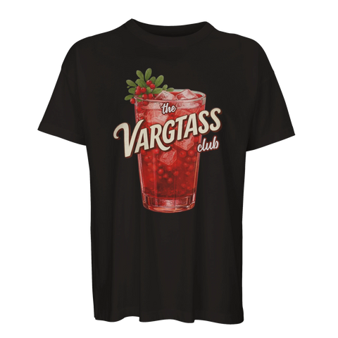 Grafiskt drinkmotiv med texten Vargtass Club på en svart t-shirt