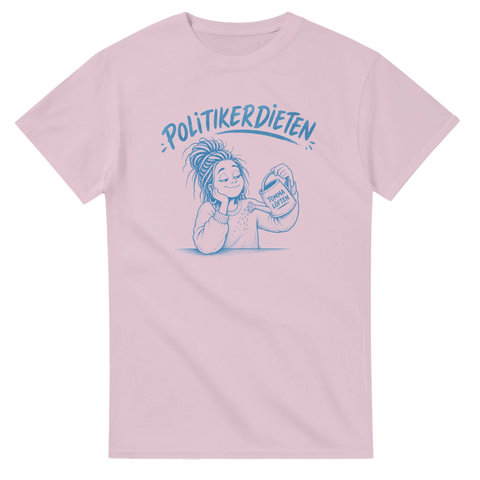 Politisk humor på tryck med texten Politikerdieten – rolig t-shirt design