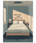 Illustration av ett prydligt bäddat sovrum i blå toner med texten Det blev inte som vi sa på väggen i solljuset.