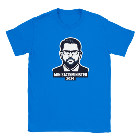 Blå t-shirt med tydlig politisk attityd och grafiskt tryck på bröstet