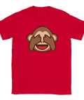 Apan som håller för ögonen emoji, "Hehe, oj" motiv på röd t-shirt.