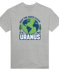 Jordenmotiv "Keep the Earth Clean it's not Uranus" med träd på grå t-shirt, retrostil.