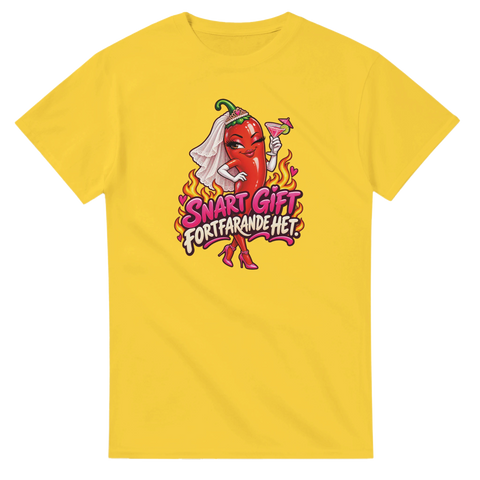 T-shirt med en chili i brudslöja och texten Snart gift, fortfarande het