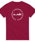 T-shirt i vinrött med Stockholms skyline – stolt Stockholmare