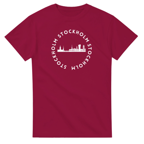 T-shirt i vinrött med Stockholms skyline – stolt Stockholmare
