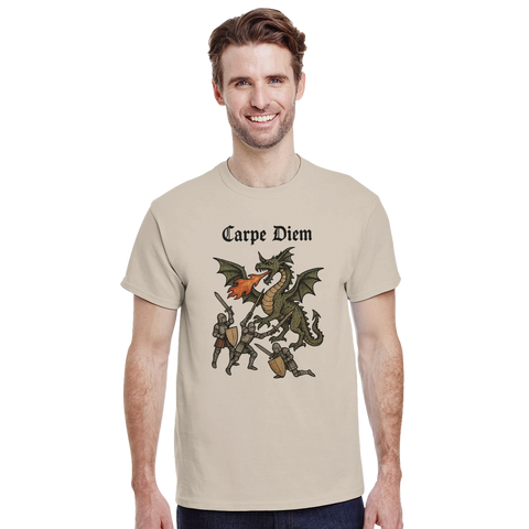 Carpe Diem Middle Ages på t-shirt, avgränsad form, stark kontrast, enhetlig tonalitet