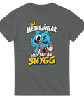 Kaxigt citat-tryck med blå karaktär i solglasögon på grå t-shirt