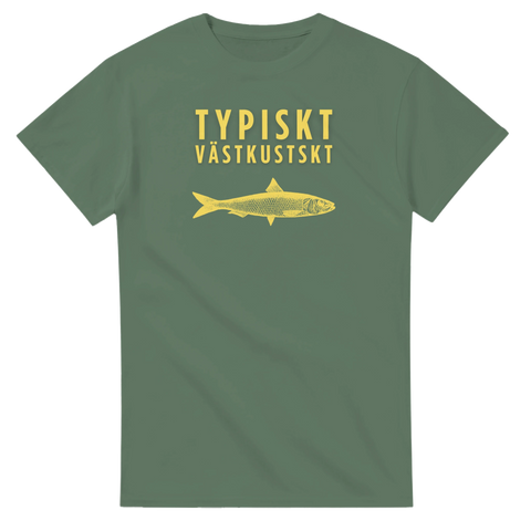 Typiskt Västkustskt" text med gul sill/strömming på olivgrön t-shirt.