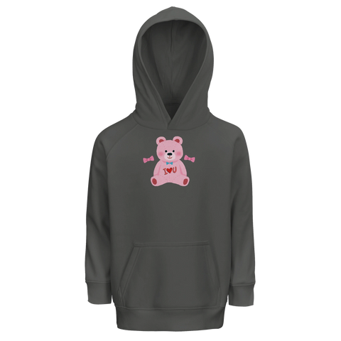 Grå barnhoodie med ett mjukt och kärleksfullt teddybjörnstryck