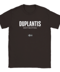 Duplantis "Gravity was optional" text och svensk flagga på mörkbrun t-shirt.