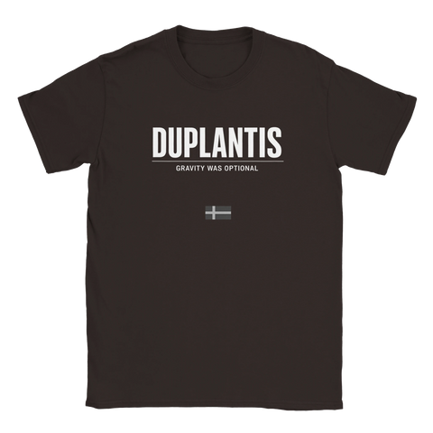 Duplantis "Gravity was optional" text och svensk flagga på mörkbrun t-shirt.