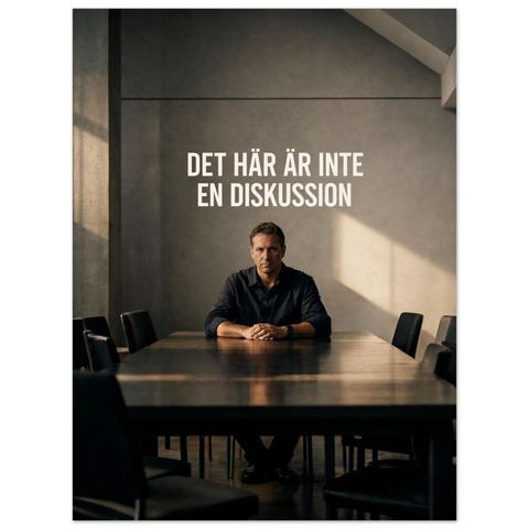 Minimalistisk tavla med text i editorial-stil hängandes i ett modernt vardagsrum med naturligt ljusinsläpp.