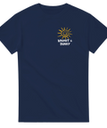Marinblå t-shirt med grafiskt tryck av en sol i brösthöjd