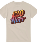 Beige t-shirt med tidlös grafisk illustration av texten E20 Norr