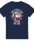 Humoristiskt julmotiv med jultomten som pekar på en marinblå t-shirt