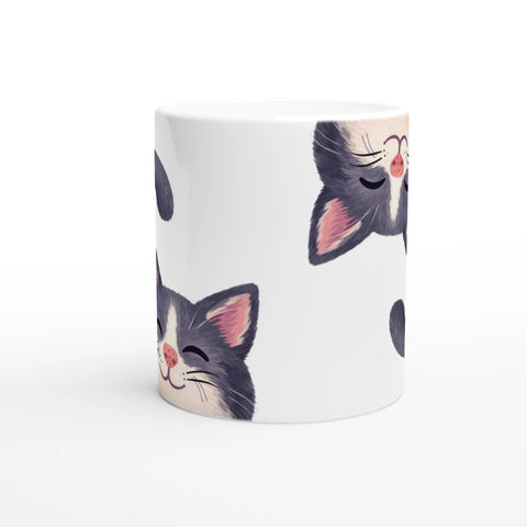 Mugg med katt som pratar och skrattar, rolig illustration