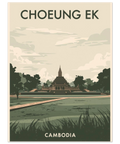 Närbild på en travel poster föreställande Choeung Ek stupa i dova gröna och jordnära färgtoner.