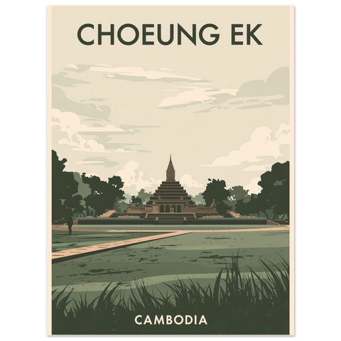 Närbild på en travel poster föreställande Choeung Ek stupa i dova gröna och jordnära färgtoner.