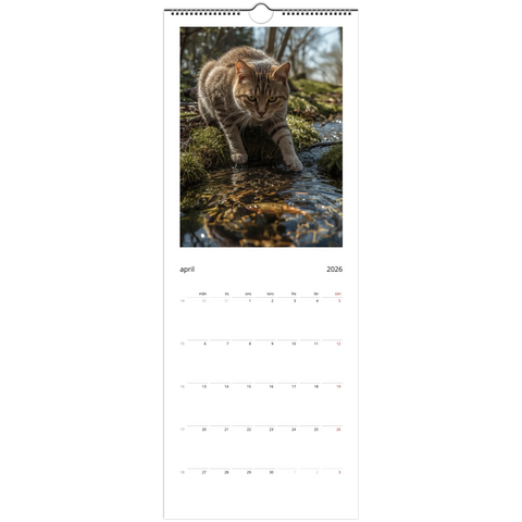 Gråbrunrandig katt med gröna ögon i bäck med mossa, Väggkalender 2026.