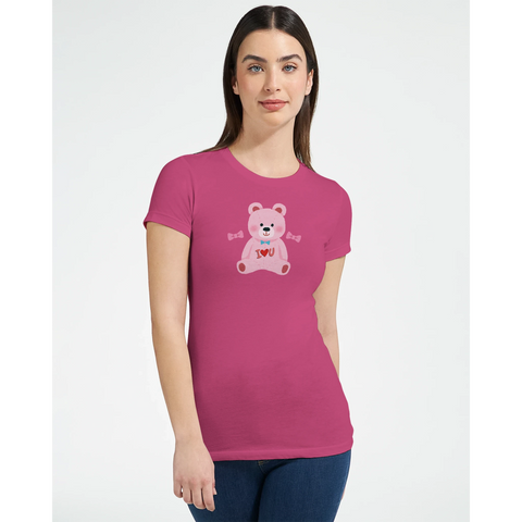 Rosa tecknad teddybjörn med blå fluga och "I <3 U" på ceriserosa dam-t-shirt.
