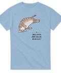 Liggande randig katt med texten "CHILLA ÄR EN SPORT OCH JAG ÄR EN ATLET" på ljusblå t-shirt.